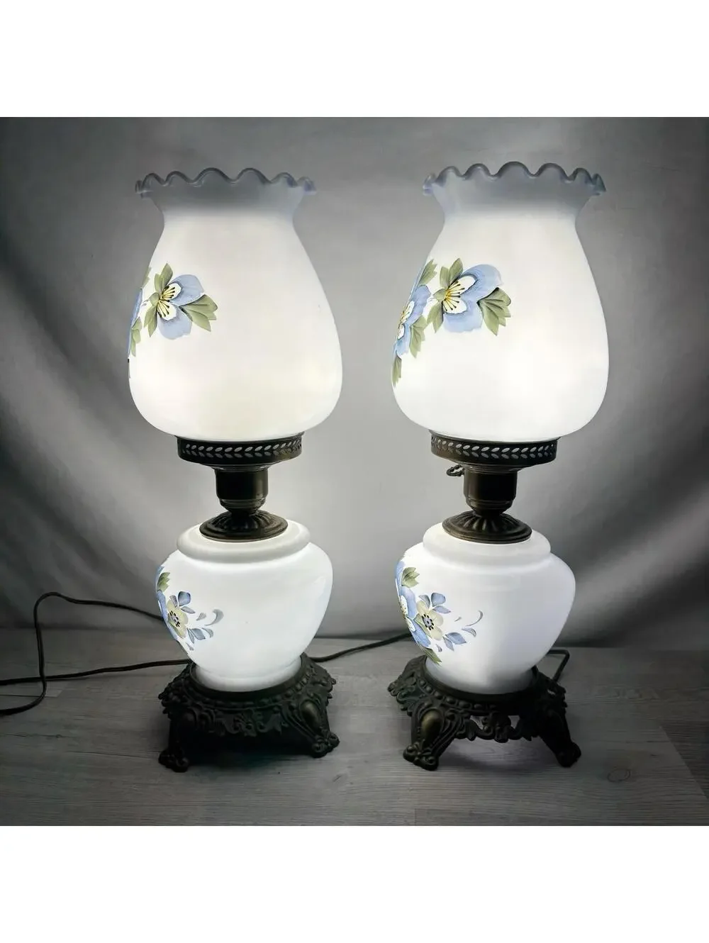 Vintage Pair of Blue Floral Milk Glass Table Lamps